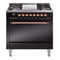 ILVE 36-Inch Nostalgie II Natural Gas Dual Fuel Range with 6 Burners and Solid Door Oven in Glossy Black with Copper Trim (UP36FQNMPBKP)