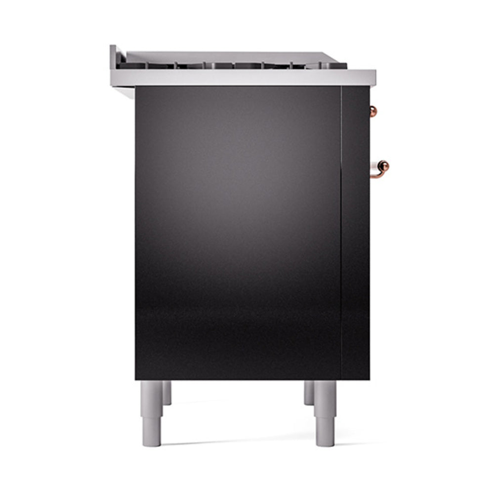 Glossy black dual fuel range back panel with exposed copper control knobs