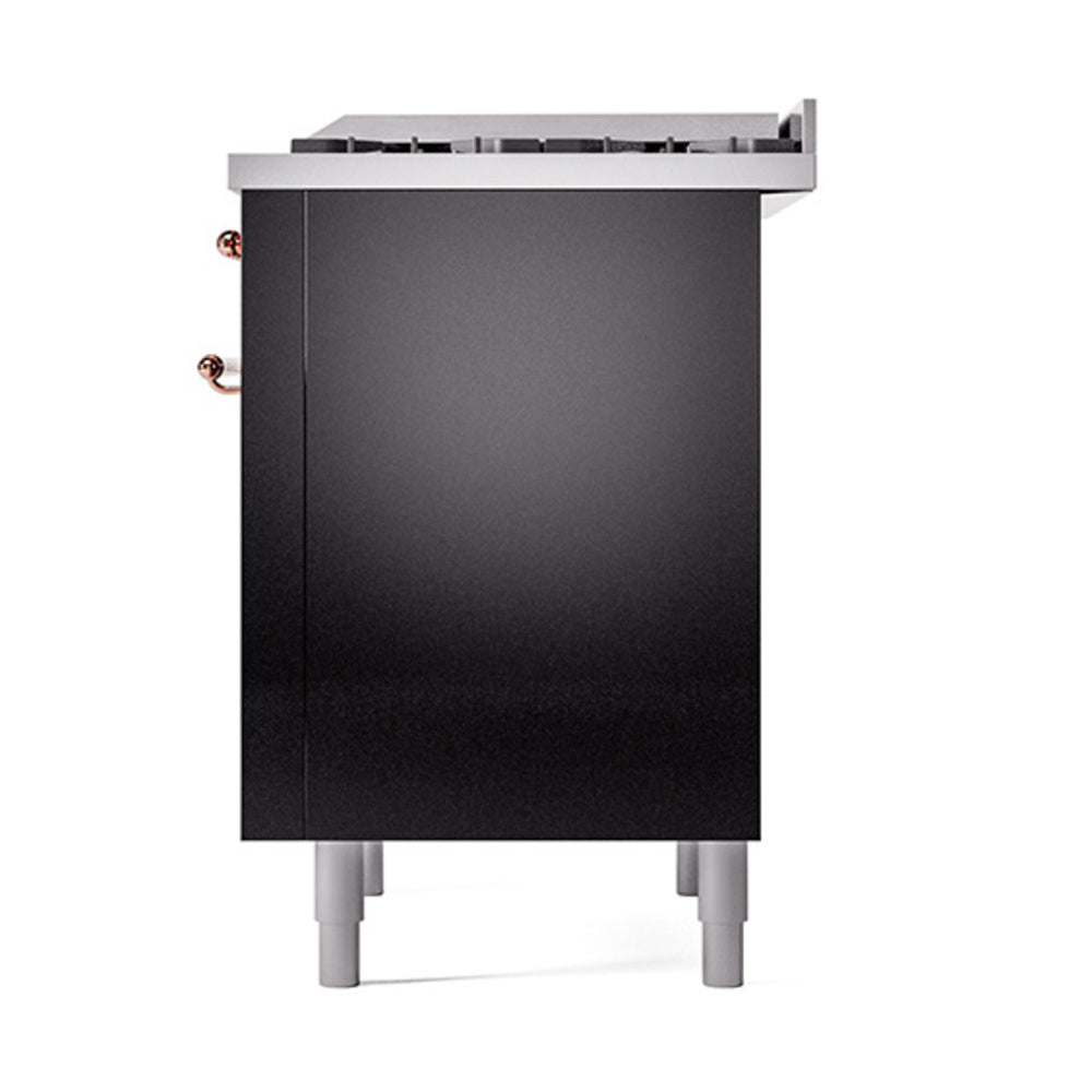 Glossy black dual fuel range back panel with copper-trim hardware and leveling feet