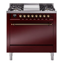 ILVE 36-Inch Nostalgie II Natural Gas Dual Fuel Range with 6 Burners and Solid Door Oven in Burgundy with Bronze Trim (UP36FQNMPBUB)