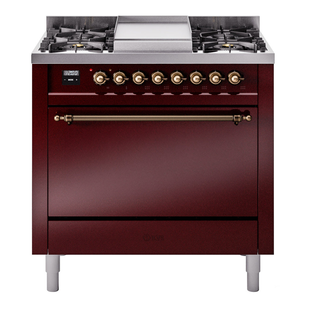 Burgundy dual-fuel gas range with front control knobs and closed solid door oven