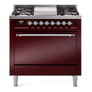 Burgundy dual fuel range with 6 gas burners, chrome trim, and solid-door oven