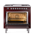 Burgundy dual fuel range with open oven door and chrome-trim oven window