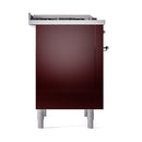 Burgundy dual fuel range cabinet with chrome knobs and solid door, with legs
