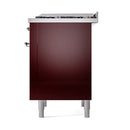 Burgundy dual fuel range side view with chrome control knobs and raised legs