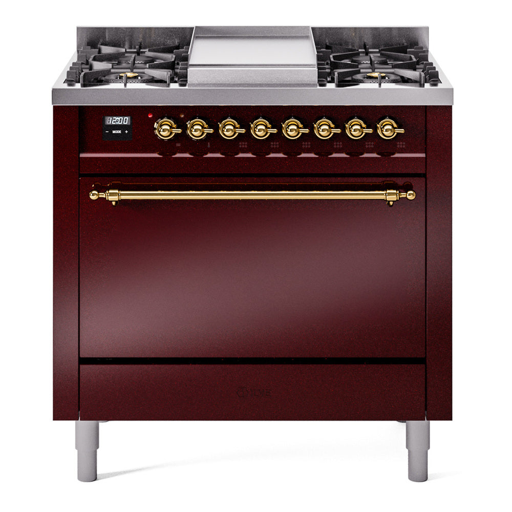 Burgundy dual fuel range with brass trim, control panel, and six gas burners