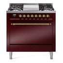 ILVE 36-Inch Nostalgie II Natural Gas Dual Fuel Range with 6 Burners and Solid Door Oven in Burgundy with Brass Trim (UP36FQNMPBUG)