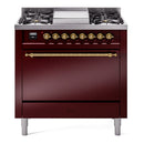 ILVE 36-Inch Nostalgie II Propane Gas Dual Fuel Range with 6 Burners and Solid Door Oven in Burgundy with Brass Trim (UP36FQNMPBUGLP)