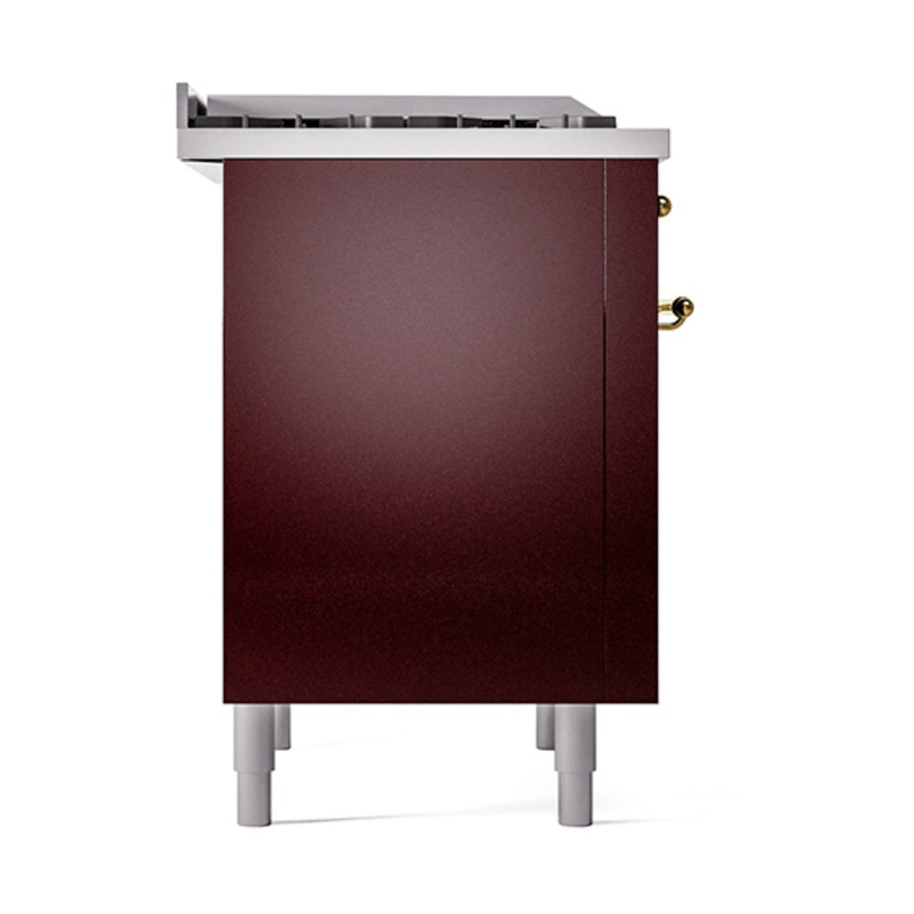 Burgundy range base cabinet with solid door, side view showing brass handles
