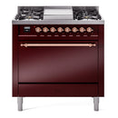 ILVE 36-Inch Nostalgie II Natural Gas Dual Fuel Range with 6 Burners and Solid Door Oven in Burgundy with Copper Trim (UP36FQNMPBUP)