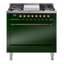ILVE 36-Inch Nostalgie II Propane Gas Dual Fuel Range with 6 Burners and Solid Door Oven in Emerald Green with Bronze Trim (UP36FQNMPEGBLP)