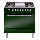 ILVE 36-Inch Nostalgie II Natural Gas Dual Fuel Range with 6 Burners and Solid Door Oven in Emerald Green with Chrome Trim (UP36FQNMPEGC)
