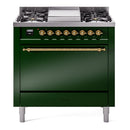 ILVE 36-Inch Nostalgie II Natural Gas Dual Fuel Range with 6 Burners and Solid Door Oven in Emerald Green with Brass Trim (UP36FQNMPEGG)