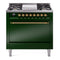 ILVE 36-Inch Nostalgie II Natural Gas Dual Fuel Range with 6 Burners and Solid Door Oven in Emerald Green with Brass Trim (UP36FQNMPEGG)