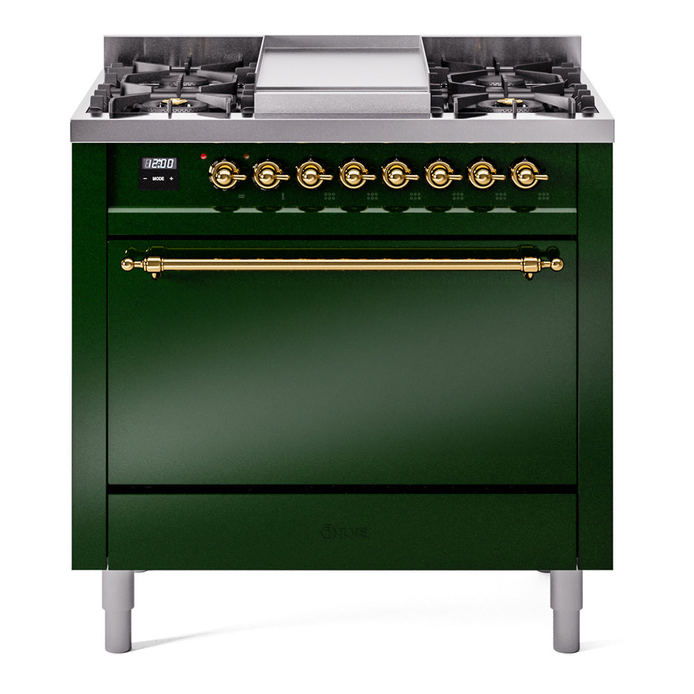Emerald green range with brass control knobs and closed solid-door oven