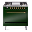 ILVE 36-Inch Nostalgie II Propane Gas Dual Fuel Range with 6 Burners and Solid Door Oven in Emerald Green with Brass Trim (UP36FQNMPEGGLP)