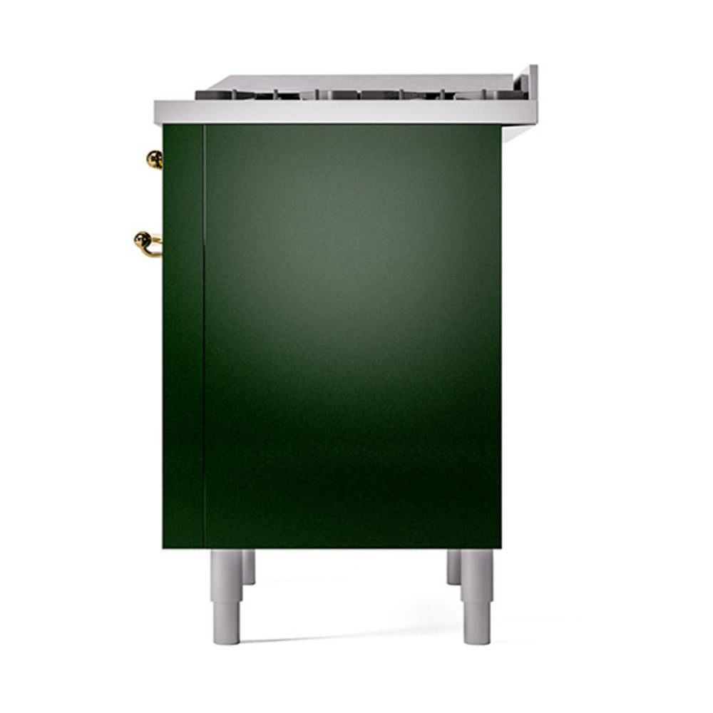 Emerald green range side panel with brass trim accents and white leveling legs