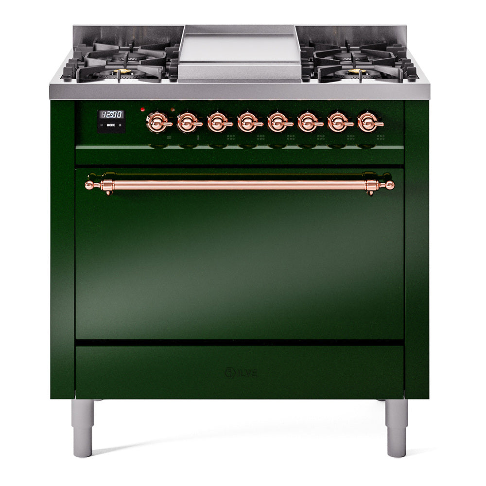 Emerald green dual fuel range front view with six control knobs and copper trim