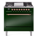 ILVE 36-Inch Nostalgie II Propane Gas Dual Fuel Range with 6 Burners and Solid Door Oven in Emerald Green with Copper Trim (UP36FQNMPEGPLP)