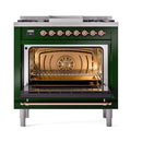 ILVE 36-Inch Nostalgie II Propane Gas Dual Fuel Range with 6 Burners and Solid Door Oven in Emerald Green with Copper Trim (UP36FQNMPEGPLP)