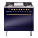 ILVE 36-Inch Nostalgie II Natural Gas Dual Fuel Range with 6 Burners and Solid Door Oven in Midnight Blue with Bronze Trim (UP36FQNMPMBB)