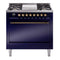 ILVE 36-Inch Nostalgie II Natural Gas Dual Fuel Range with 6 Burners and Solid Door Oven in Midnight Blue with Bronze Trim (UP36FQNMPMBB)