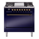 ILVE 36-Inch Nostalgie II Propane Gas Dual Fuel Range with 6 Burners and Solid Door Oven in Midnight Blue with Bronze Trim (UP36FQNMPMBBLP)
