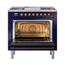 ILVE 36-Inch Nostalgie II Natural Gas Dual Fuel Range with 6 Burners and Solid Door Oven in Midnight Blue with Bronze Trim (UP36FQNMPMBB)