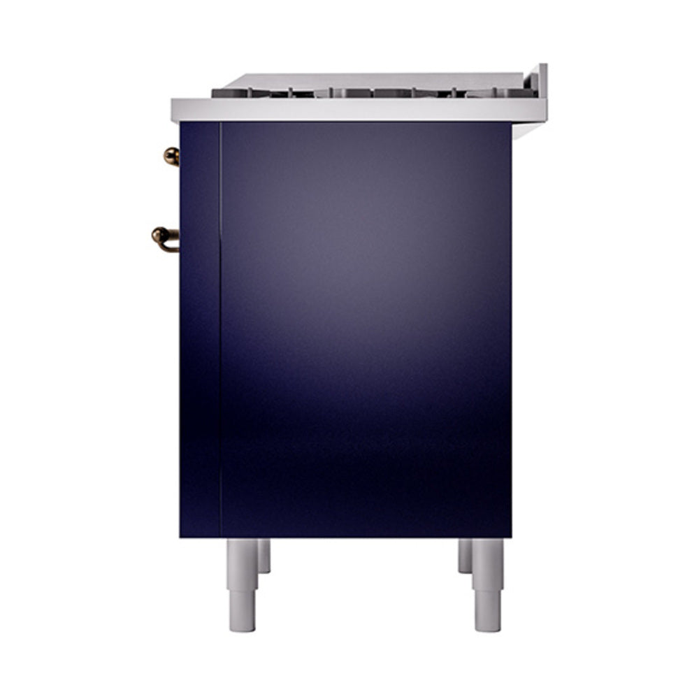 Midnight blue oven door panel with twin bronze handle accents, side view
