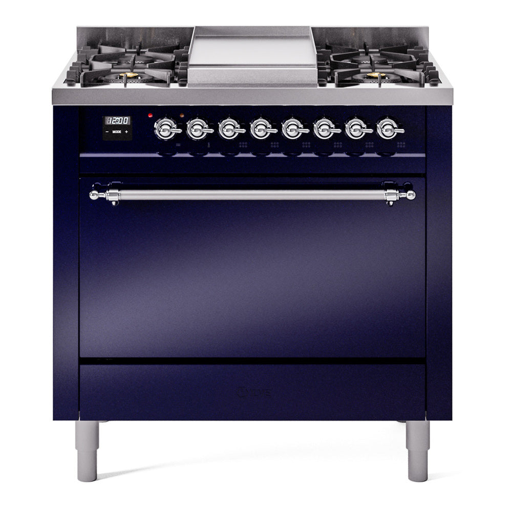 Midnight blue gas range front with six burner knobs and chrome handle oven door