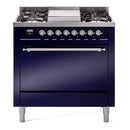 ILVE 36-Inch Nostalgie II Natural Gas Dual Fuel Range with 6 Burners and Solid Door Oven in Midnight Blue with Chrome Trim (UP36FQNMPMBC)