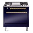 ILVE 36-Inch Nostalgie II Natural Gas Dual Fuel Range with 6 Burners and Solid Door Oven in Midnight Blue with Brass Trim (UP36FQNMPMBG)