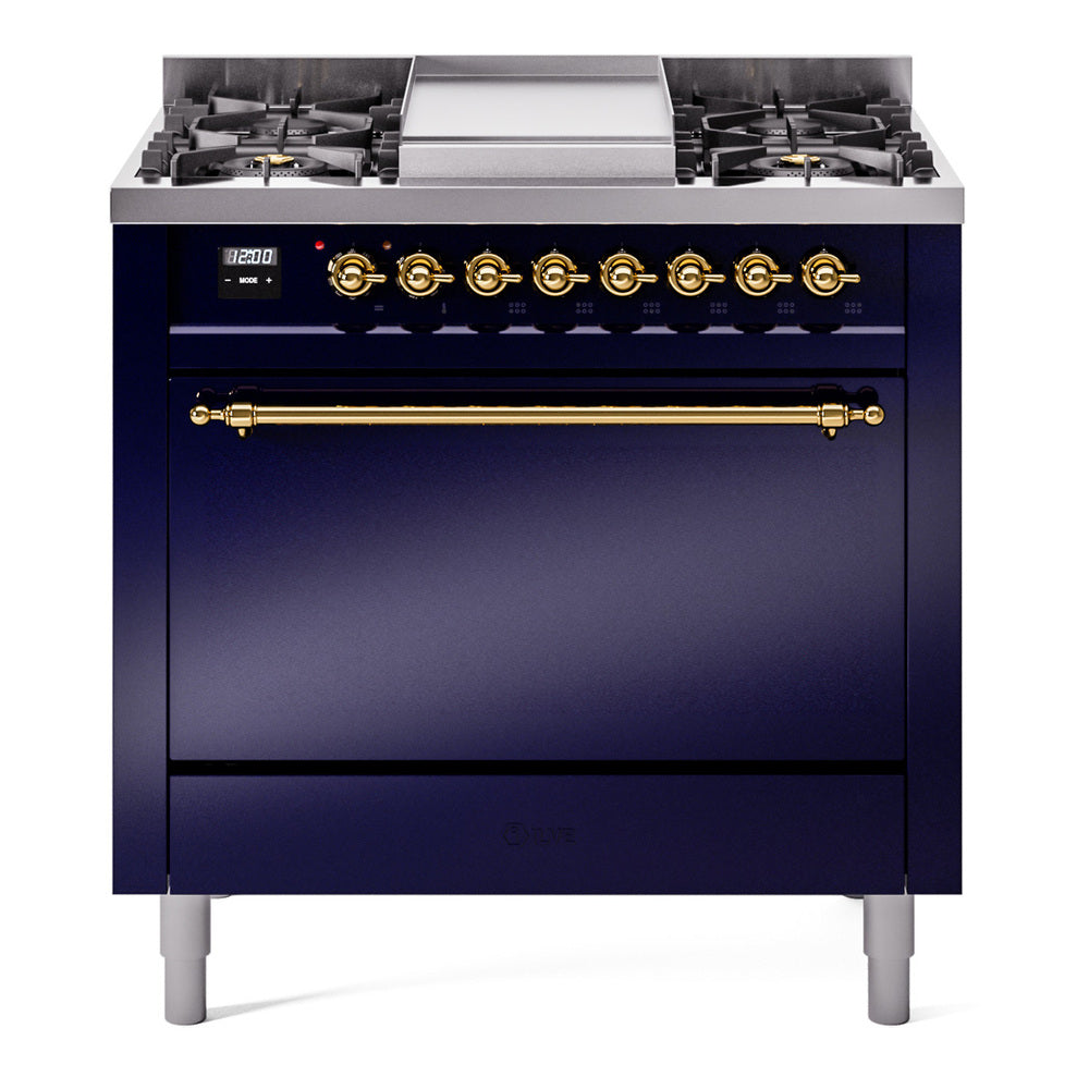 Midnight blue dual fuel range with brass control knobs and closed oven door