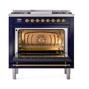 ILVE 36-Inch Nostalgie II Propane Gas Dual Fuel Range with 6 Burners and Solid Door Oven in Midnight Blue with Brass Trim (UP36FQNMPMBGLP)