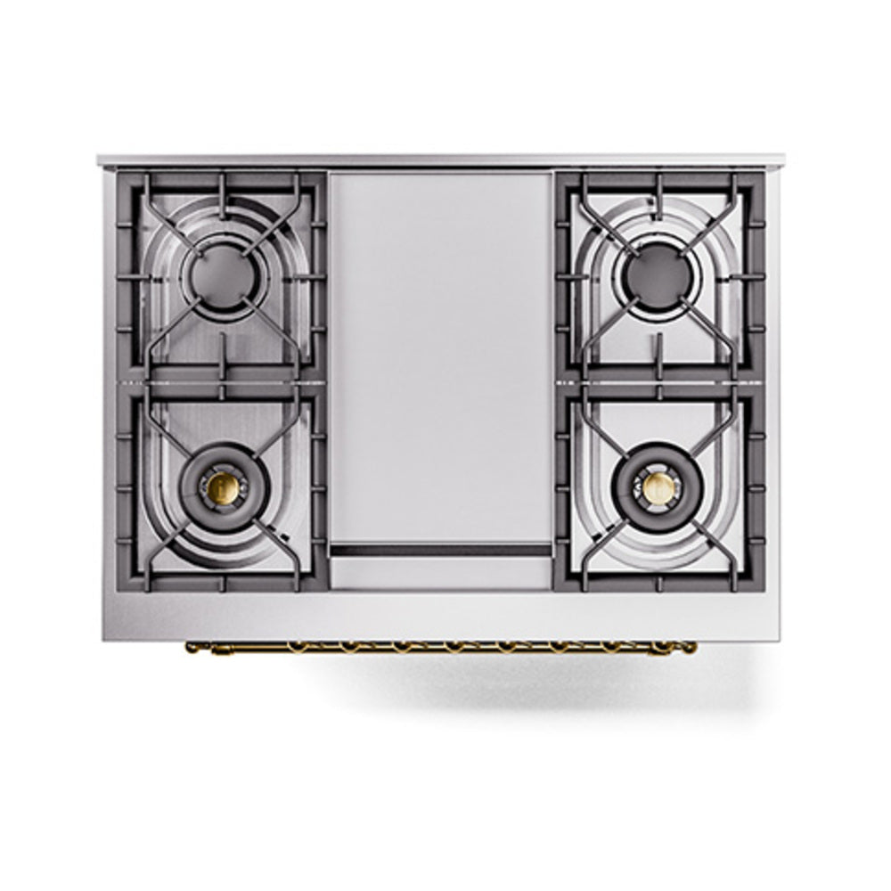 Dual fuel range cooktop with four burner grates and metal center panel