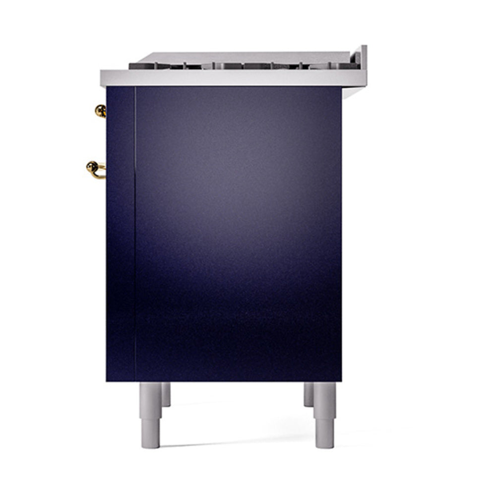 Midnight blue range side panel with brass corner hardware and white legs