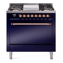 ILVE 36-Inch Nostalgie II Natural Gas Dual Fuel Range with 6 Burners and Solid Door Oven in Midnight Blue with Copper Trim (UP36FQNMPMBP)