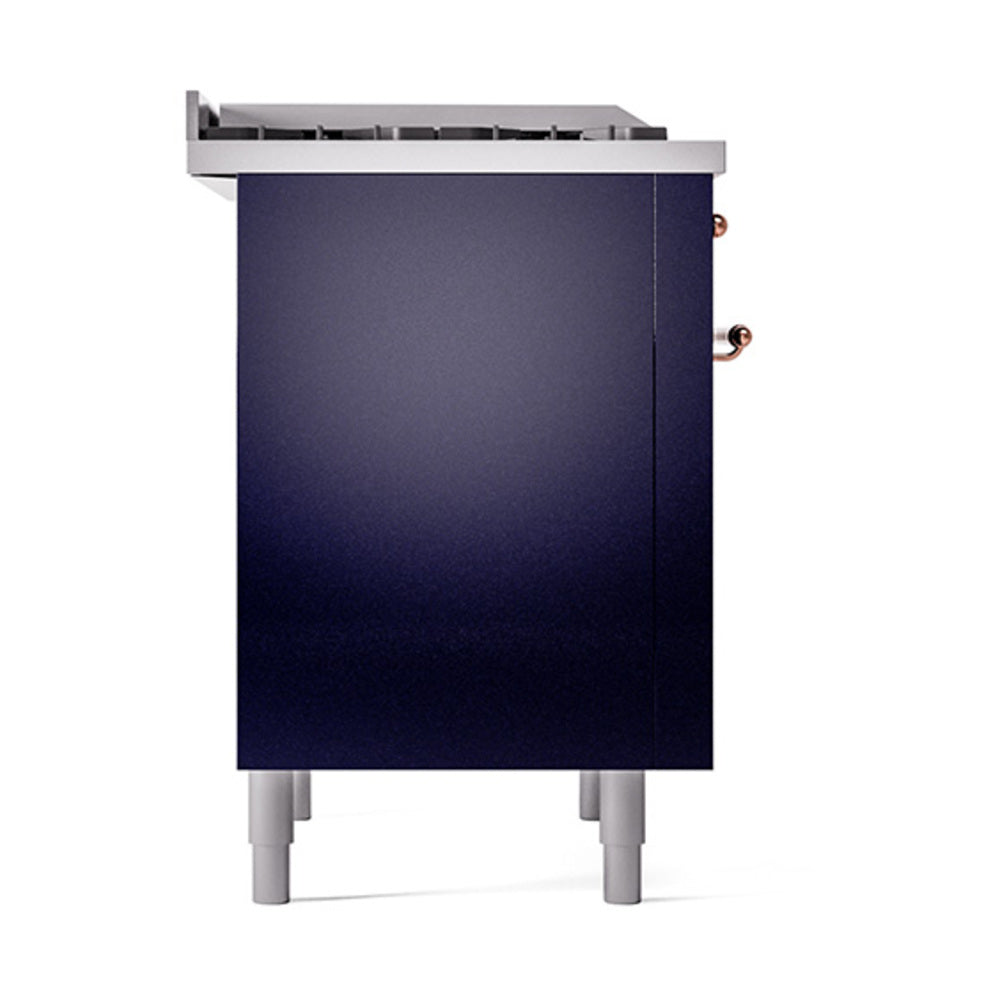 Midnight blue side panel of dual-fuel range with copper control knobs and silver legs