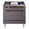 ILVE 36-Inch Nostalgie II Natural Gas Dual Fuel Range with 6 Burners and Solid Door Oven in Matte Graphite with Bronze Trim (UP36FQNMPMGB)
