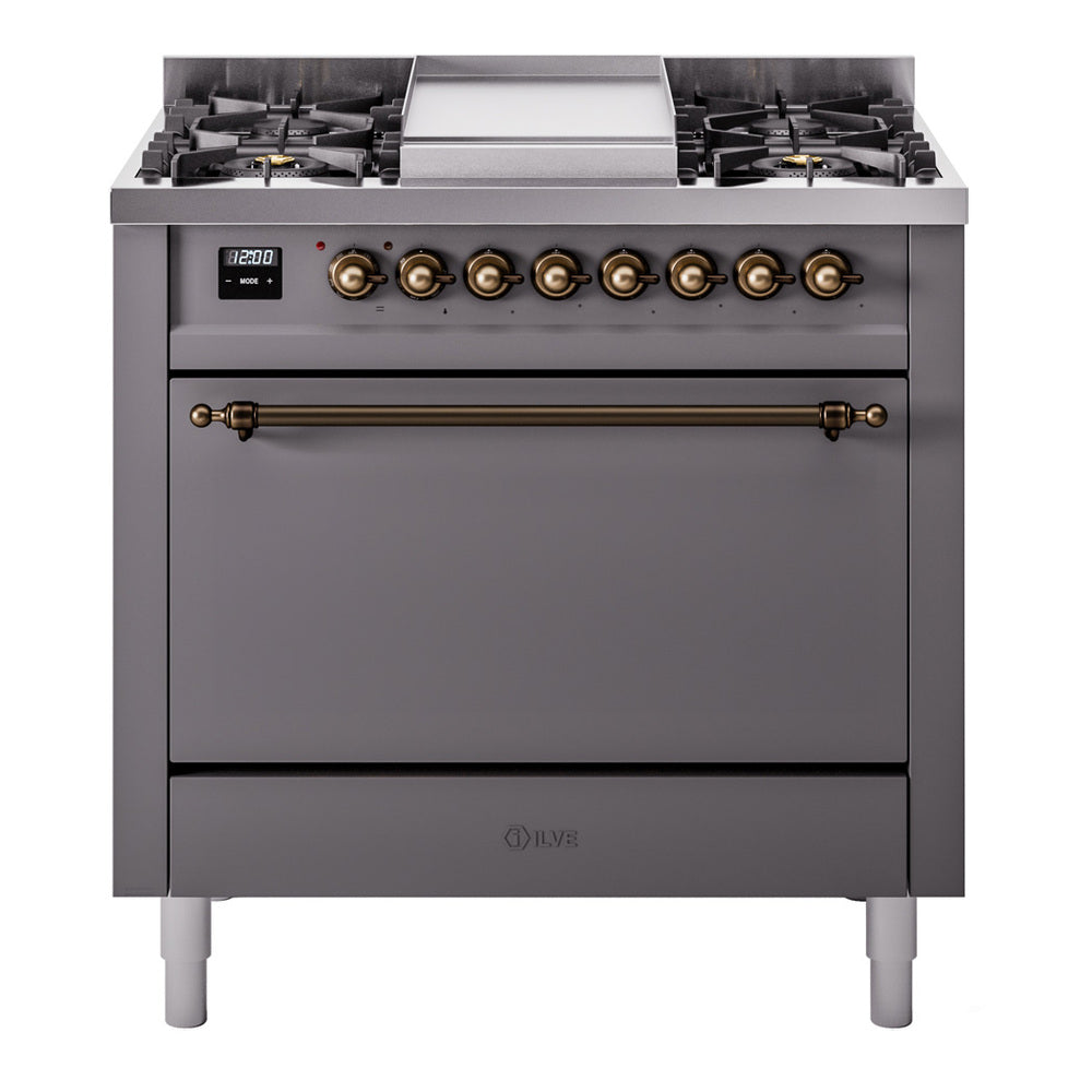 Matte graphite dual fuel range with brass control knobs and closed oven door
