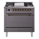 ILVE 36-Inch Nostalgie II Propane Gas Dual Fuel Range with 6 Burners and Solid Door Oven in Matte Graphite with Bronze Trim (UP36FQNMPMGBLP)