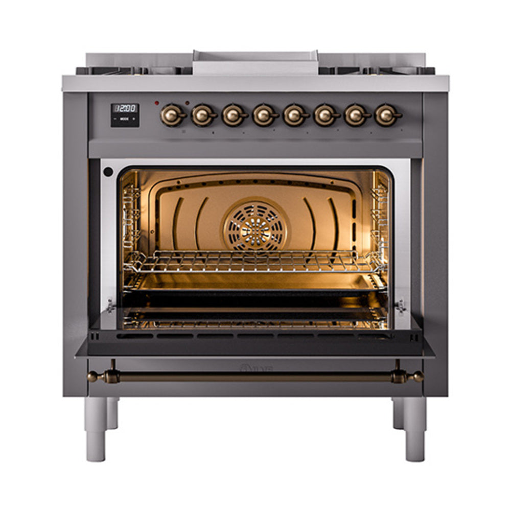 Matte graphite dual fuel range with open solid door oven and brass interior trim