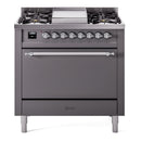 ILVE 36-Inch Nostalgie II Natural Gas Dual Fuel Range with 6 Burners and Solid Door Oven in Matte Graphite with Chrome Trim (UP36FQNMPMGC)