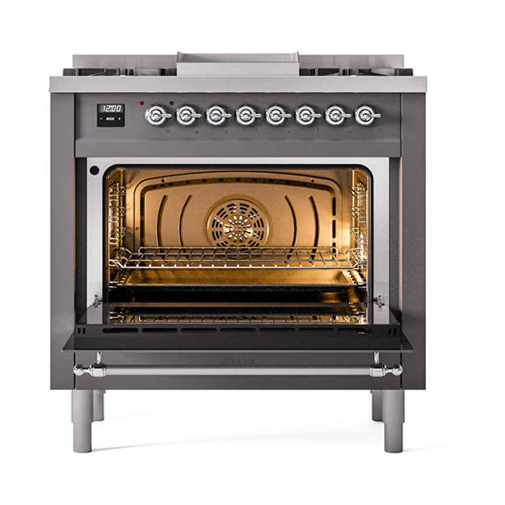 Open matte graphite oven with interior rack and heating element