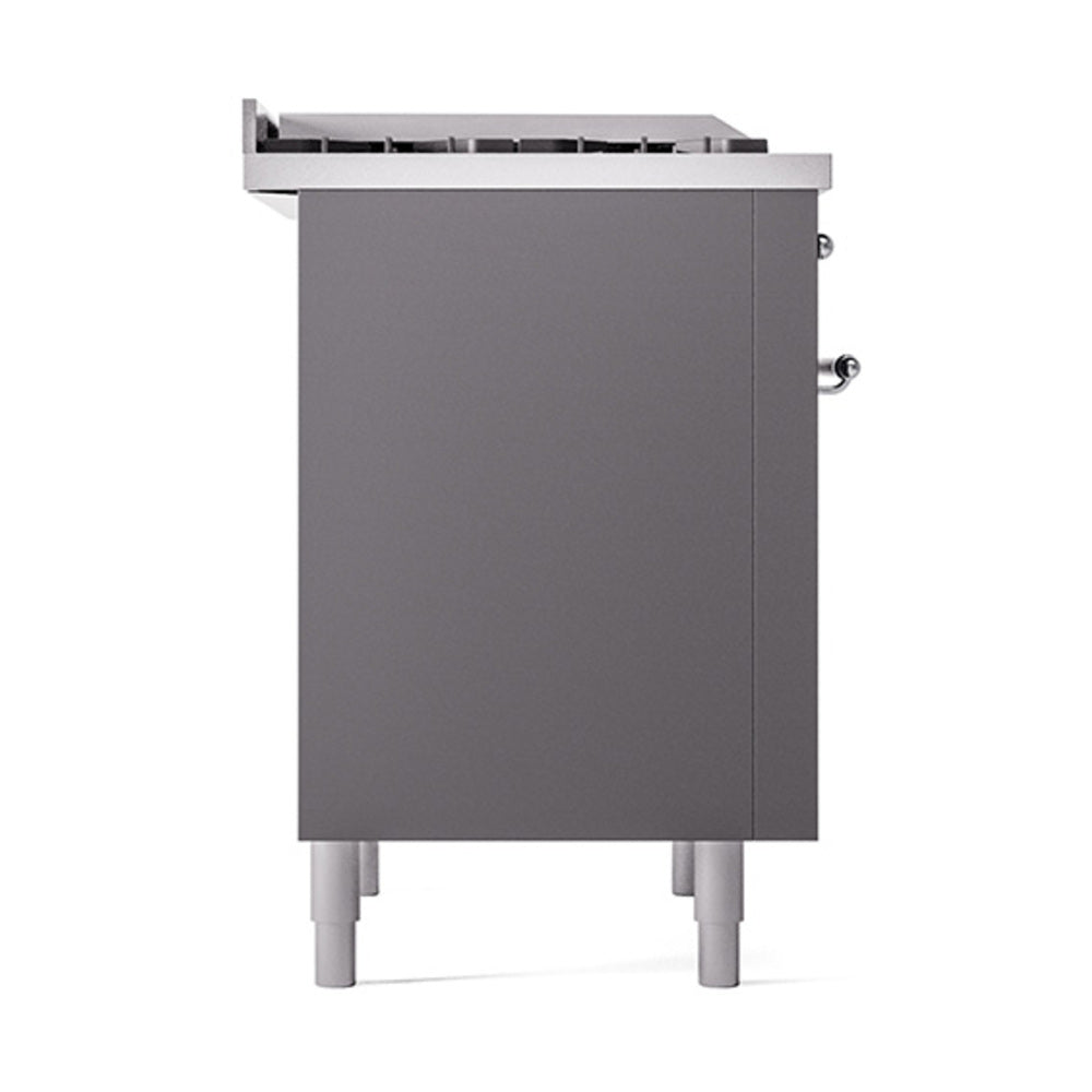 Matte graphite oven door with chrome side knobs and adjustable feet