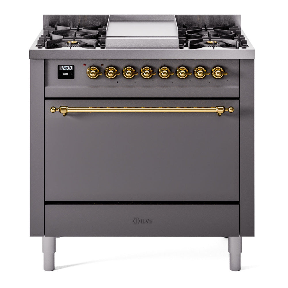 Matte graphite dual fuel range front view with brass control knobs and oven door