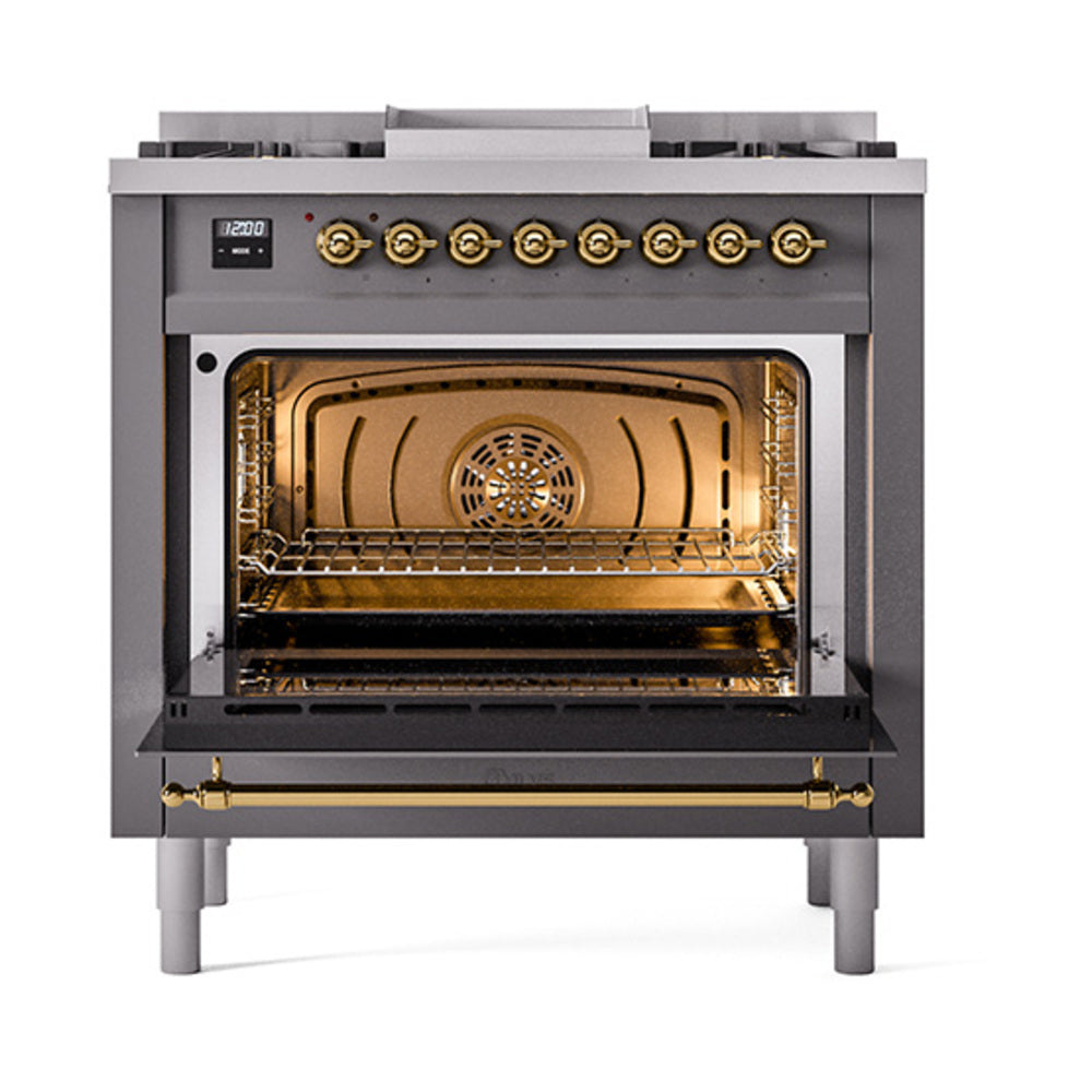 Matte graphite dual fuel range with brass-trim oven door and visible interior rack