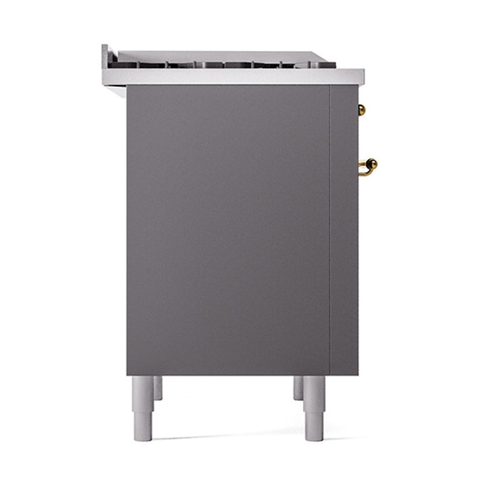 Matte graphite range end panel with brass handle knobs and white leveling legs