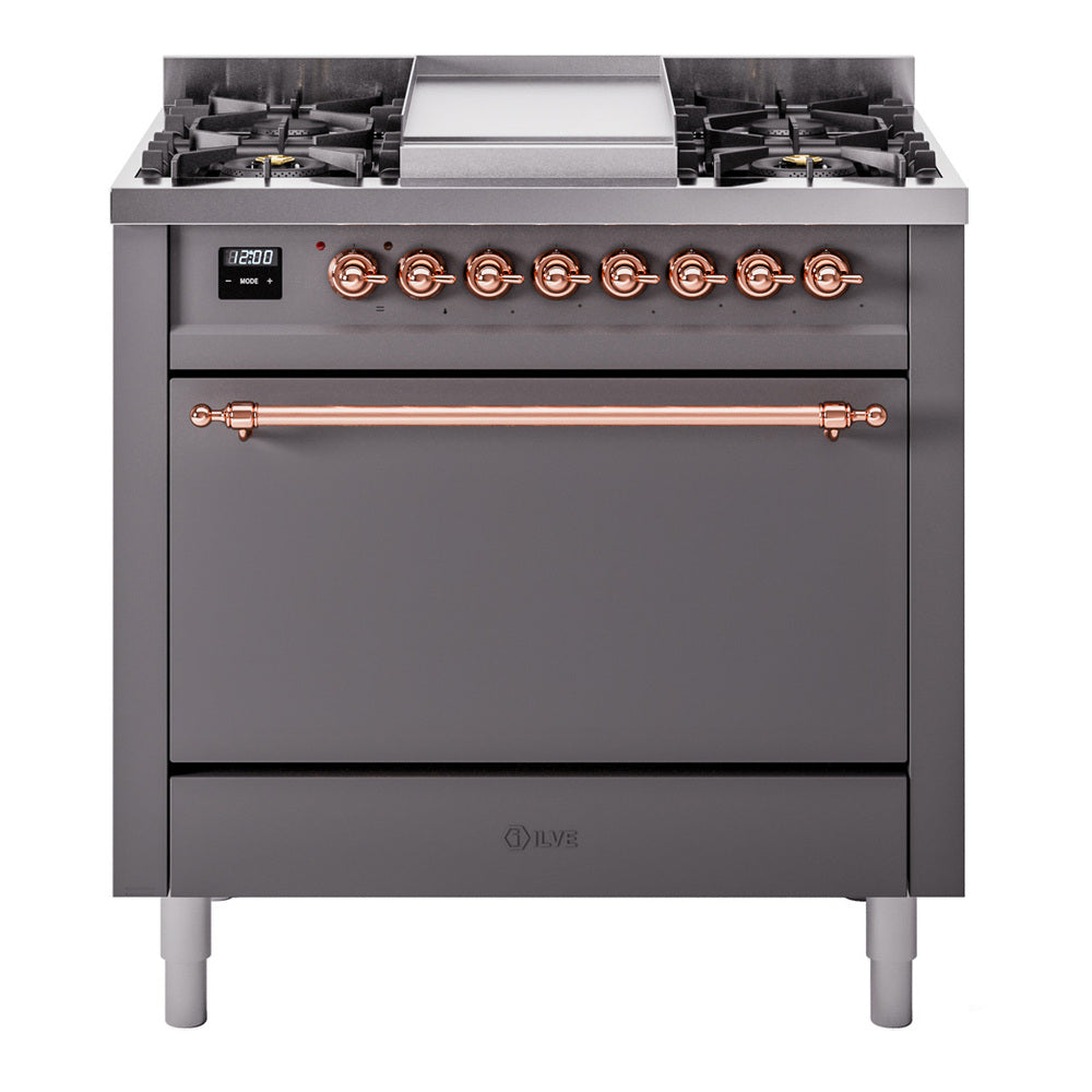 Matte graphite dual-fuel range with 6 burners, copper control knobs, and solid oven door.