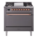 ILVE 36-Inch Nostalgie II Propane Gas Dual Fuel Range with 6 Burners and Solid Door Oven in Matte Graphite with Copper Trim (UP36FQNMPMGPLP)